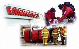 Collage of trauma incidents: car accident, ski patrol, and emergency room.